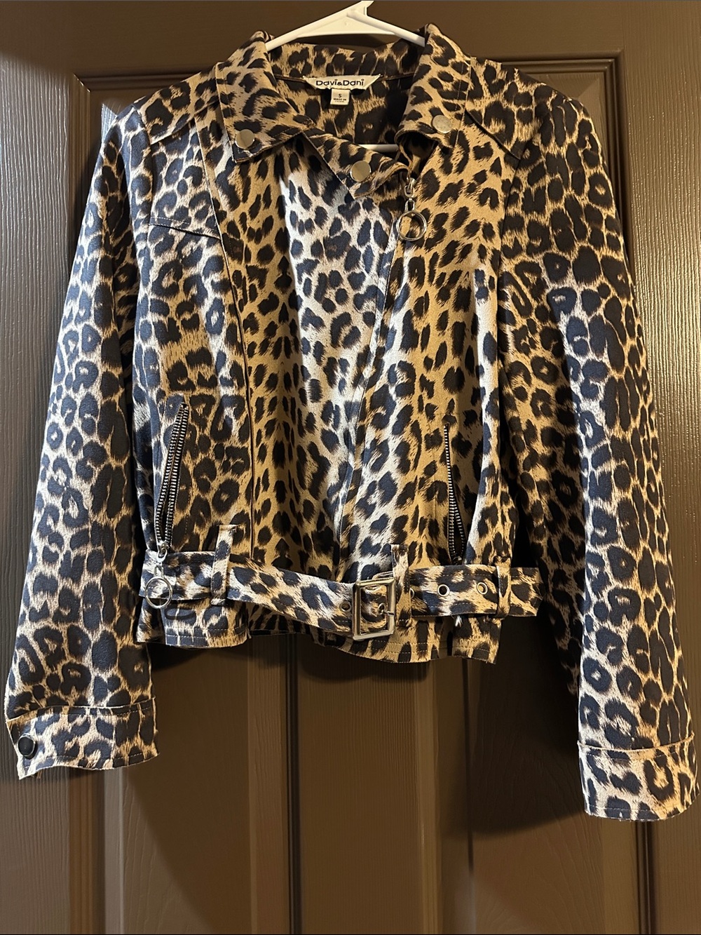 DAVI & DANI Leopard Print Belted Moto Jacket - Black & Tan